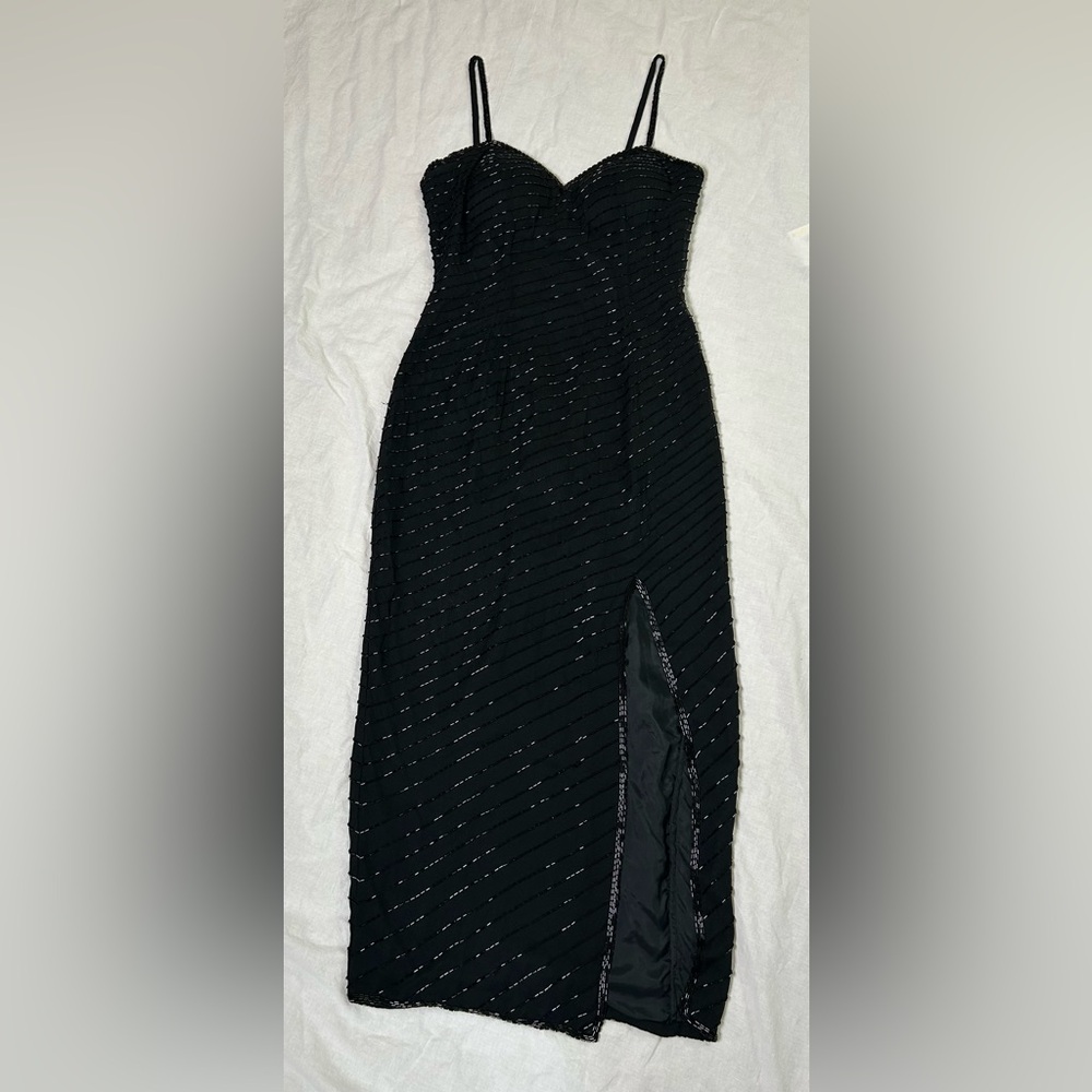 A.J. Bari Black Silk Beaded Dress
